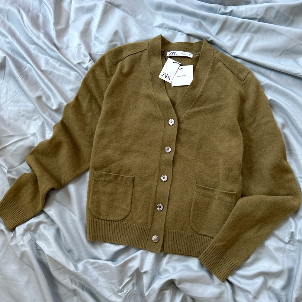 ZARA 100% Wool Cardigan Khaki Olive Green Button Front Pockets NWT